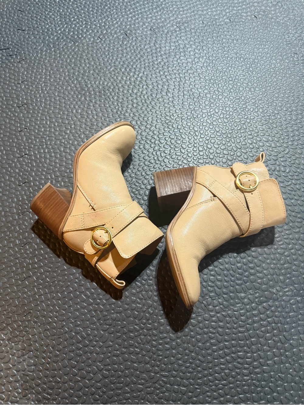 Women Office Style Crown Vintage Beige Leather Ankle Booties with Gold Buckle